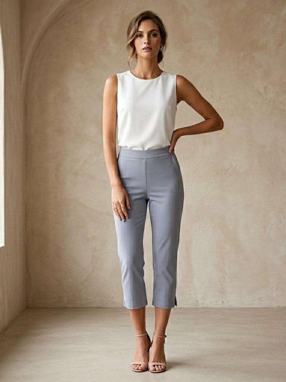 Minimalist Slate Blue Pull-On Capri Pants